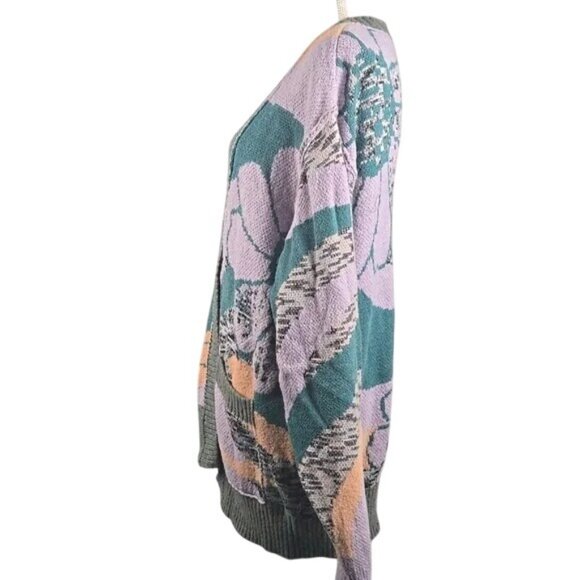 Free People August Orchid Teal Combo Chunky Knit Wool Oversized Cardigan - Picture 7 of 9